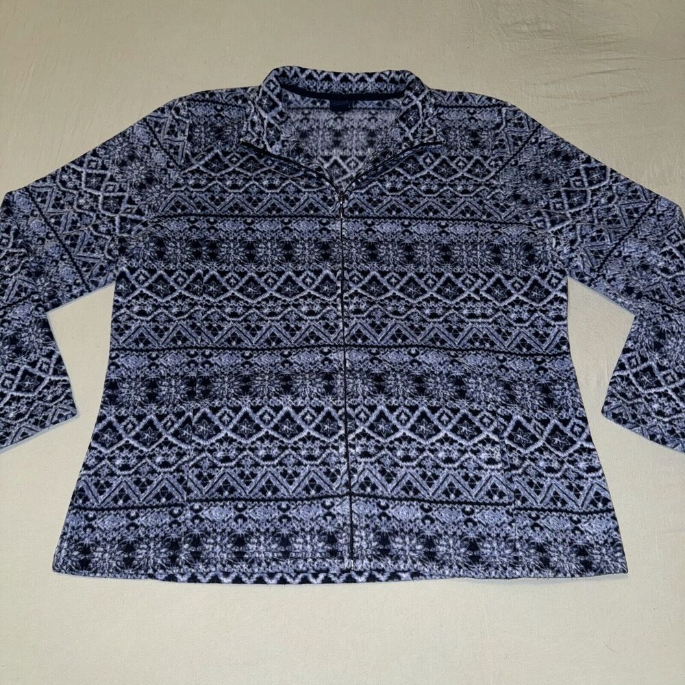 Basic Editions Sweater Women's XL Blue‎ Nordic Pattern Long Sleeve Mock Full Zip